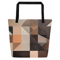 Bottom Brown Tote Bag (No.07) by Form Finding Design – front view of large brown designer beach tote from the Bottom Brown Tote Collective featuring abstract geometric circles, arches and ribbed lines in warm caramel and cocoa tones, with long black cotton webbing handles, 100% polyester body.