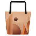 Bottom Brown Tote Bag (No.09) by Form Finding Design – front view of large brown designer beach tote from the Bottom Brown Tote Collective featuring abstract geometric circles, arches and ribbed lines in warm caramel and cocoa tones, with long black cotton webbing handles, 100% polyester body.