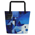 Front view of Denim Sapphire Tote Bag by Form Finding Design – large navy blue designer beach tote from the Denim Tote Collective, with abstract sapphire denim-texture print, long black cotton webbing handles and spacious 100% polyester body for everyday carry.