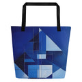 Front view of Denim Sapphire Tote Bag (No.02) by Form Finding Design – large navy blue designer beach tote from the Denim Tote Collective, with abstract sapphire denim-texture print, long black cotton webbing handles and spacious 100% polyester body for everyday carry.