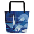 Front view of Denim Sapphire Tote Bag (No.07) by Form Finding Design – large navy blue designer beach tote from the Denim Tote Collective, with abstract sapphire denim-texture print, long black cotton webbing handles and spacious 100% polyester body for everyday carry.
