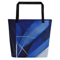 Front view of Denim Sapphire Tote Bag (No.08) by Form Finding Design – large navy blue designer beach tote from the Denim Tote Collective, with abstract sapphire denim-texture print, long black cotton webbing handles and spacious 100% polyester body for everyday carry.