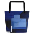 Front view of Denim Sapphire Tote Bag (No.10) by Form Finding Design – large navy blue designer beach tote from the Denim Tote Collective, with abstract sapphire denim-texture print, long black cotton webbing handles and spacious 100% polyester body for everyday carry.