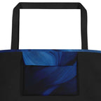 Close-up of the Sky & Sea Tote Bag large pocket, highlighting the detailed abstract sky-and-sea artwork and crisp print quality on the woven tote fabric from Form Finding Design.