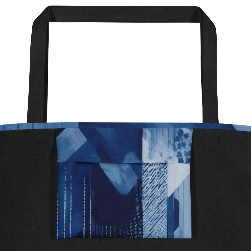 Close-up of the Sky & Sea Tote Bag (No.02) large pocket, highlighting the detailed abstract sky-and-sea artwork and crisp print quality on the woven tote fabric from Form Finding Design.