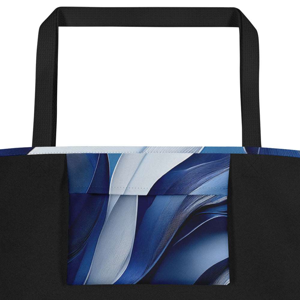 Close-up of the Sky & Sea Tote Bag (No.03) large pocket, highlighting the detailed abstract sky-and-sea artwork and crisp print quality on the woven tote fabric from Form Finding Design.