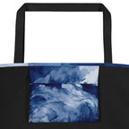Close-up of the Sky & Sea Tote Bag (No.05) large pocket, highlighting the detailed abstract sky-and-sea artwork and crisp print quality on the woven tote fabric from Form Finding Design.