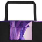 Close-up of the Violet Voyager Tote Bag large pocket, detailed violet-toned abstract voyager print on tightly woven fabric and crisp edge stitching emphasising quality of the tote bag from Form Finding Design.