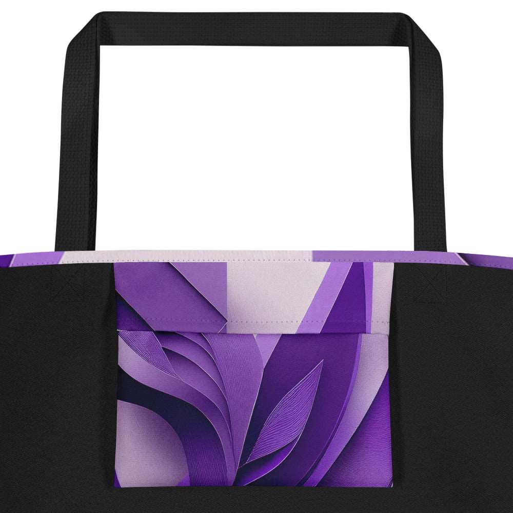 Close-up of the Violet Voyager Tote Bag (No.04) large pocket, detailed violet-toned abstract voyager print on tightly woven fabric and crisp edge stitching emphasising quality of the tote bag from Form Finding Design.