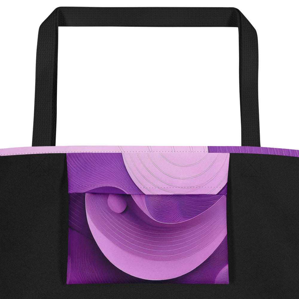 Close-up of the Violet Voyager Tote Bag (No.06) large pocket, detailed violet-toned abstract voyager print on tightly woven fabric and crisp edge stitching emphasising quality of the tote bag from Form Finding Design.
