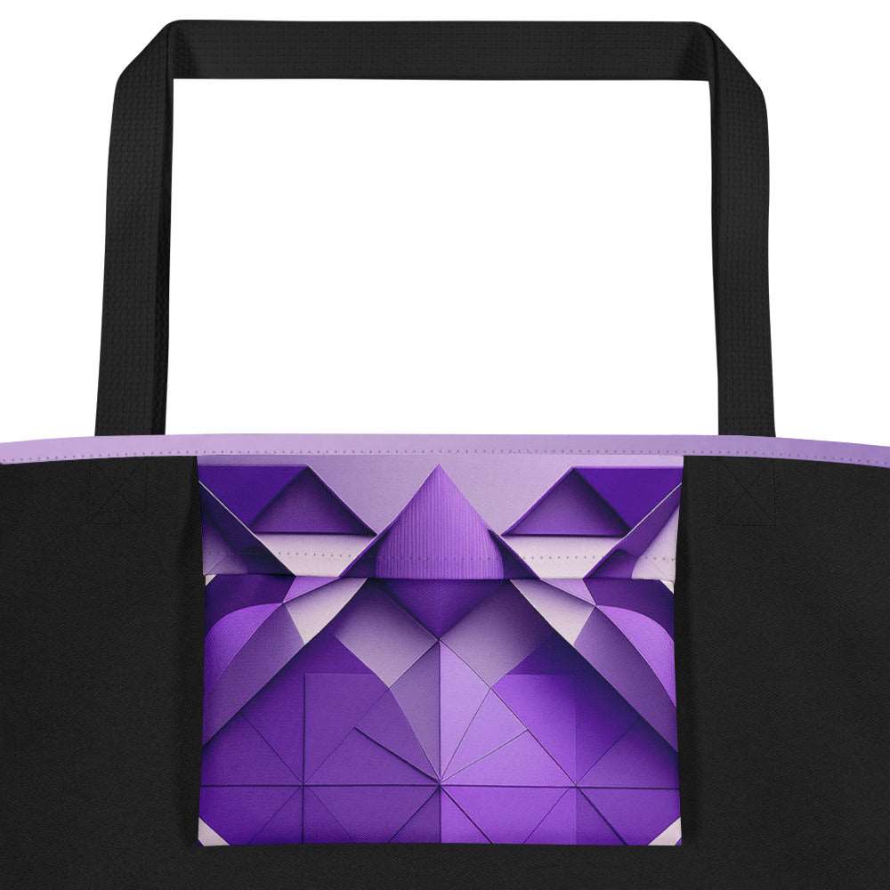 Close-up of the Violet Voyager Tote Bag (No.07) large pocket, detailed violet-toned abstract voyager print on tightly woven fabric and crisp edge stitching emphasising quality of the tote bag from Form Finding Design.