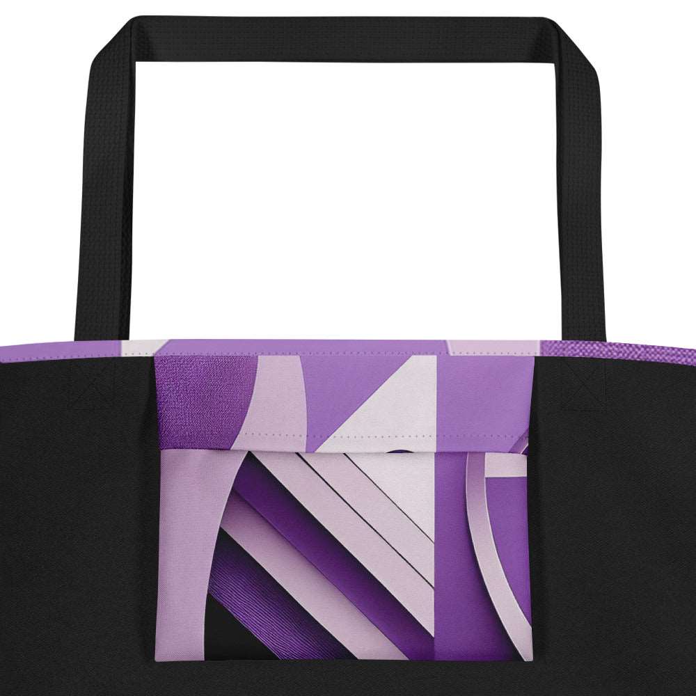Close-up of the Violet Voyager Tote Bag (No.08) large pocket, detailed violet-toned abstract voyager print on tightly woven fabric and crisp edge stitching emphasising quality of the tote bag from Form Finding Design.