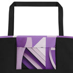 Close-up of the Violet Voyager Tote Bag (No.08) large pocket, detailed violet-toned abstract voyager print on tightly woven fabric and crisp edge stitching emphasising quality of the tote bag from Form Finding Design.