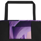 Close-up of the Violet Voyager Tote Bag (No.09) large pocket, detailed violet-toned abstract voyager print on tightly woven fabric and crisp edge stitching emphasising quality of the tote bag from Form Finding Design.