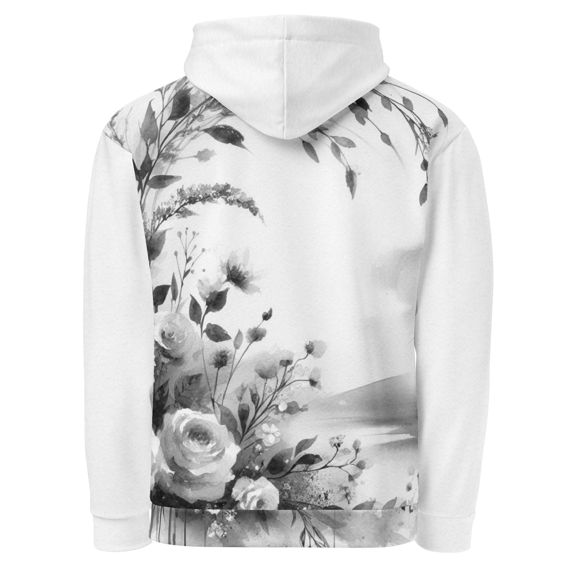 “Women’s Watercolour-Print-6 Muse Hoodie back in white with gray hand-painted landscape design, featuring abstract mountains and trees, kangaroo pocket, and adjustable drawstring hood.”