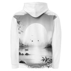 “Women’s Watercolour-Print-7 Muse Hoodie back in white with gray hand-painted landscape design, featuring abstract mountains and trees, kangaroo pocket, and adjustable drawstring hood.”