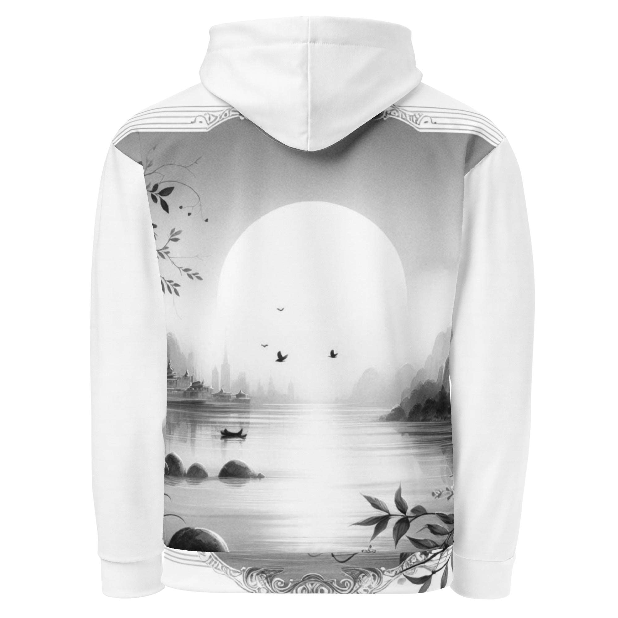 “Women’s Watercolour-Print-7 Muse Hoodie back in white with gray hand-painted landscape design, featuring abstract mountains and trees, kangaroo pocket, and adjustable drawstring hood.”