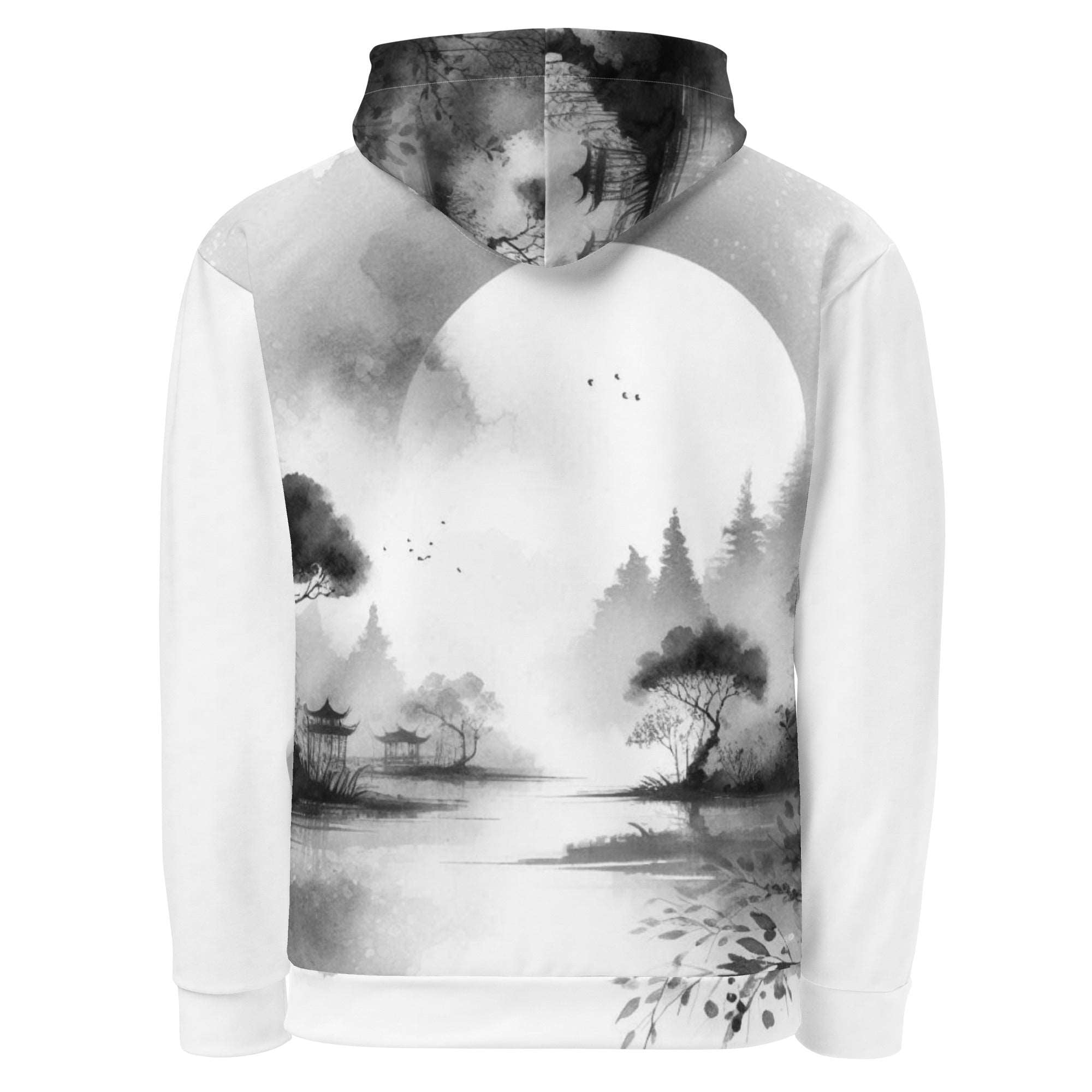 “Women’s Watercolour-Print-8 Muse Hoodie back in white with gray hand-painted landscape design, featuring abstract mountains and trees, kangaroo pocket, and adjustable drawstring hood.”