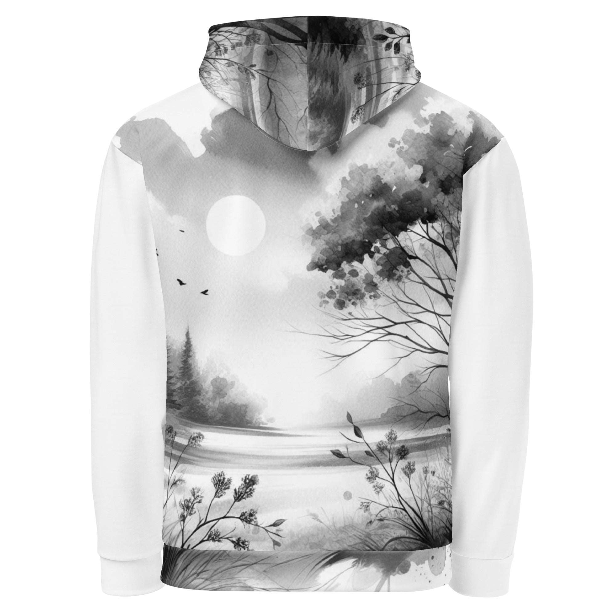 “Women’s Watercolour-Print-10 Muse Hoodie back in white with gray hand-painted landscape design, featuring abstract mountains and trees, kangaroo pocket, and adjustable drawstring hood.”