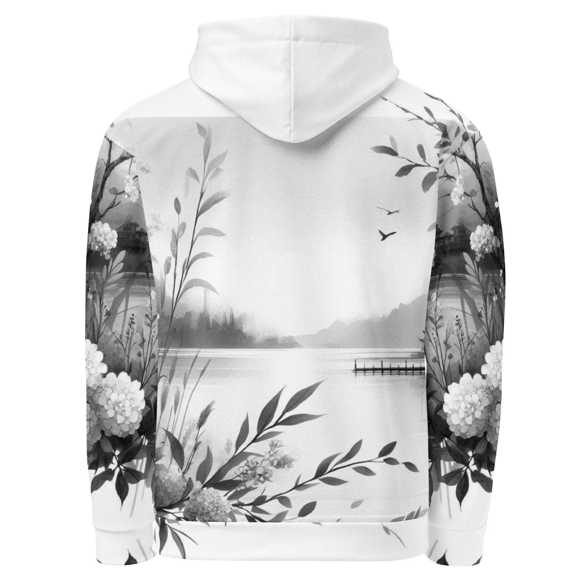 “Women’s Watercolour-Print-9 Muse Hoodie back in white with gray hand-painted landscape design, featuring abstract mountains and trees, kangaroo pocket, and adjustable drawstring hood.”