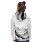 “Women’s Watercolour-Print-11 Muse Hoodie back model in white with gray hand-painted landscape design, featuring abstract mountains and trees, kangaroo pocket, and adjustable drawstring hood.”