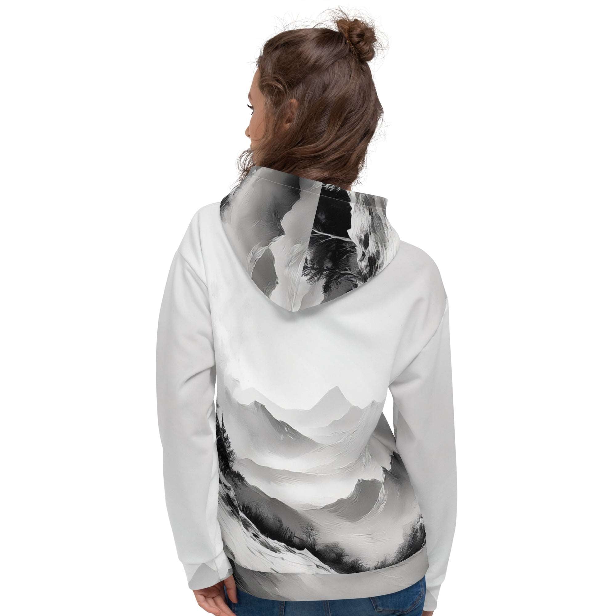 “Women’s Watercolour-Print-11 Muse Hoodie back model in white with gray hand-painted landscape design, featuring abstract mountains and trees, kangaroo pocket, and adjustable drawstring hood.”