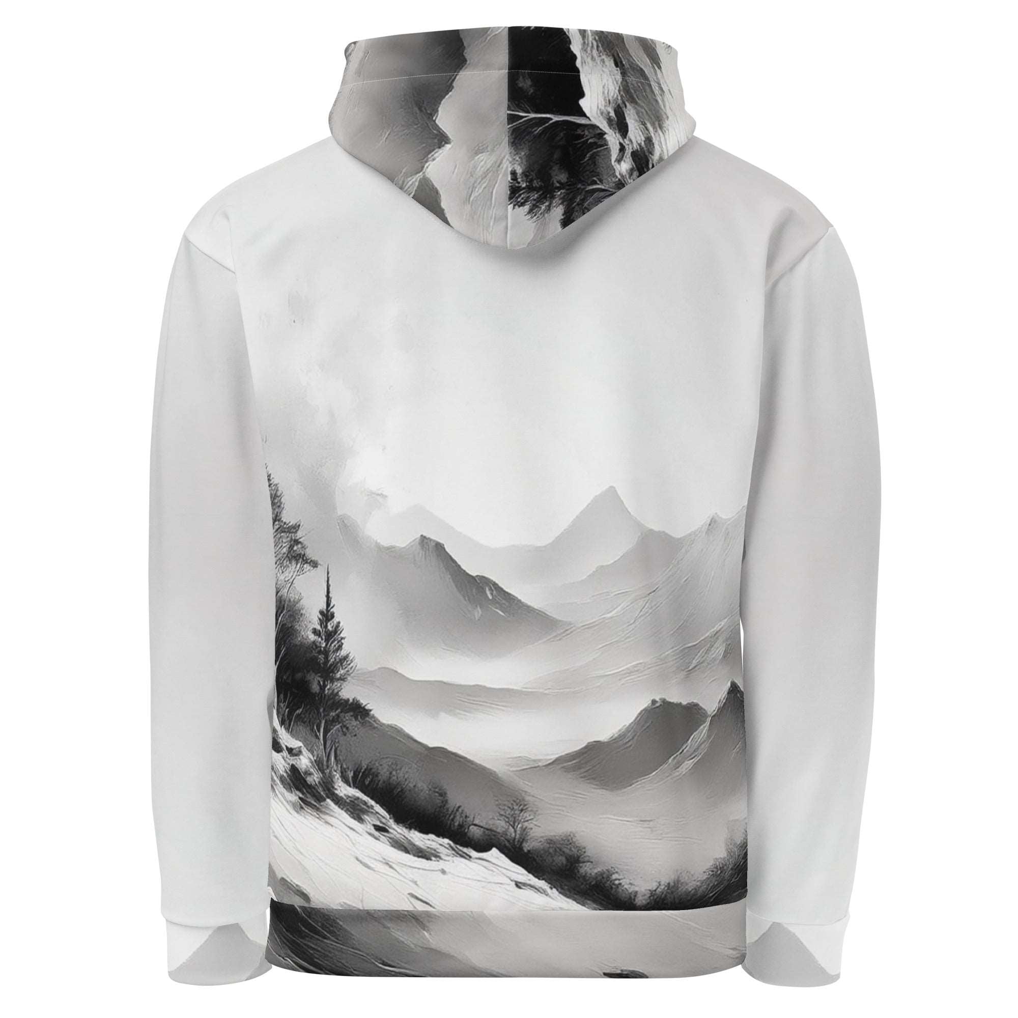“Women’s Watercolour-Print-11 Muse Hoodie back in white with gray hand-painted landscape design, featuring abstract mountains and trees, kangaroo pocket, and adjustable drawstring hood.”