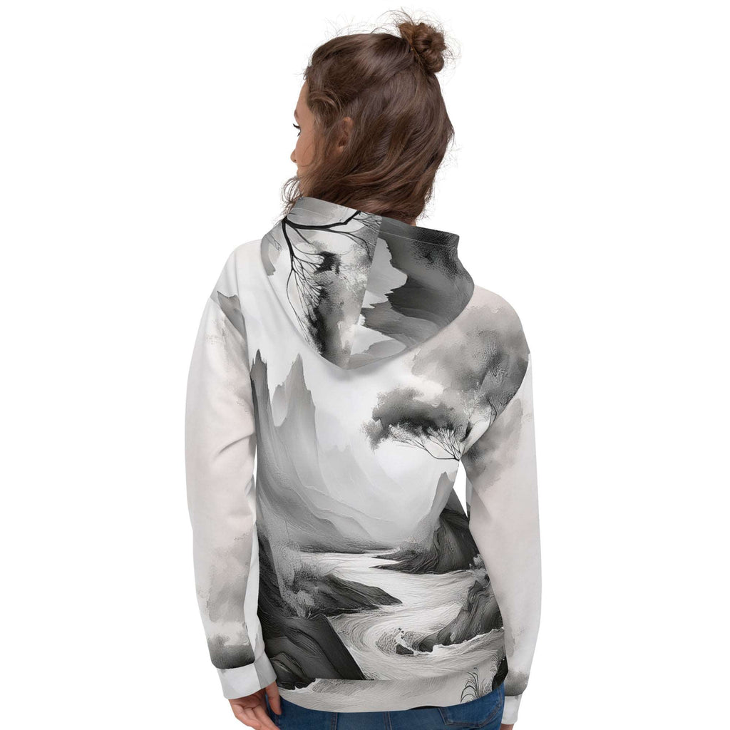 “Women’s Watercolour-Print-12 Muse Hoodie back model in white with gray hand-painted landscape design, featuring abstract mountains and trees, kangaroo pocket, and adjustable drawstring hood.”