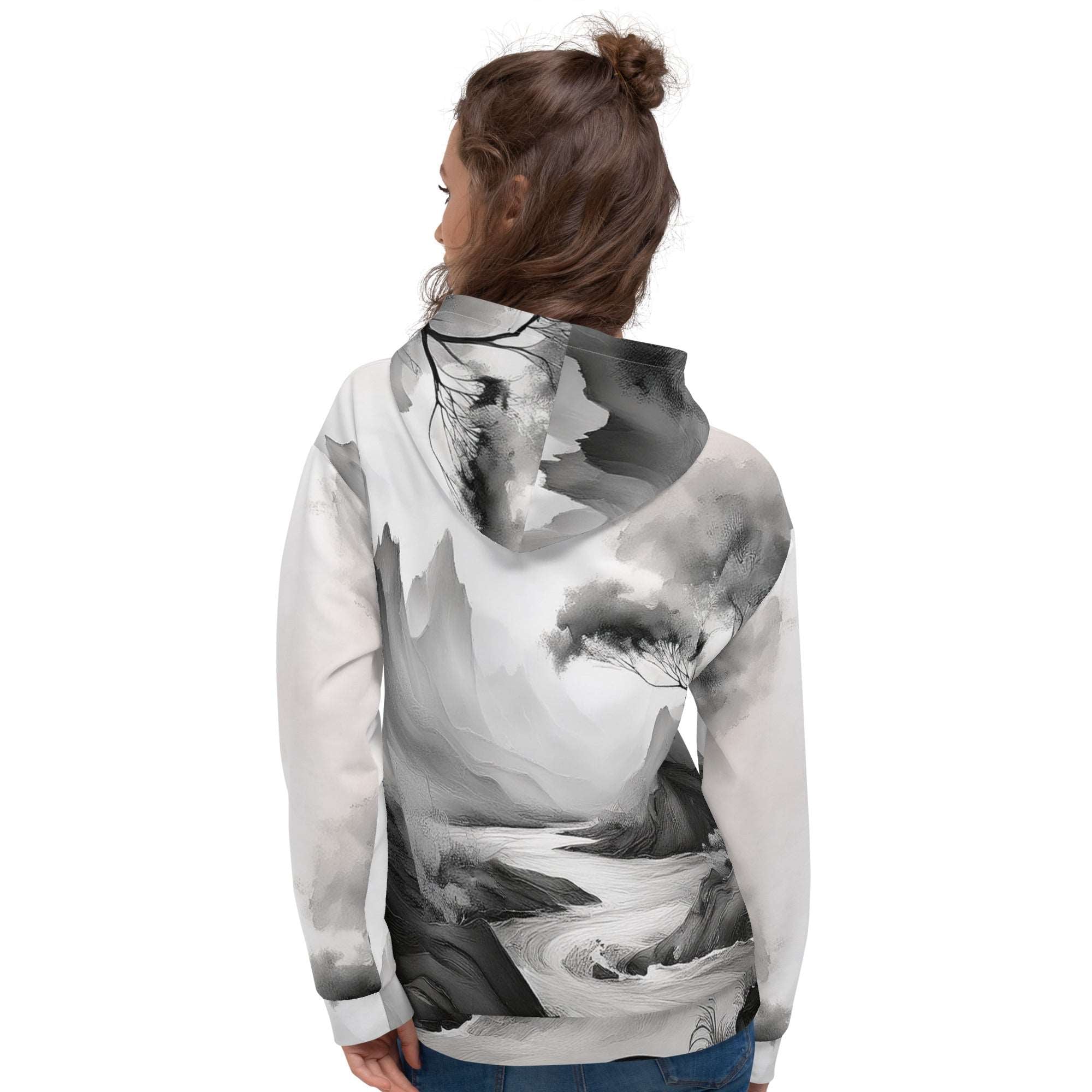 “Women’s Watercolour-Print-12 Muse Hoodie back model in white with gray hand-painted landscape design, featuring abstract mountains and trees, kangaroo pocket, and adjustable drawstring hood.”