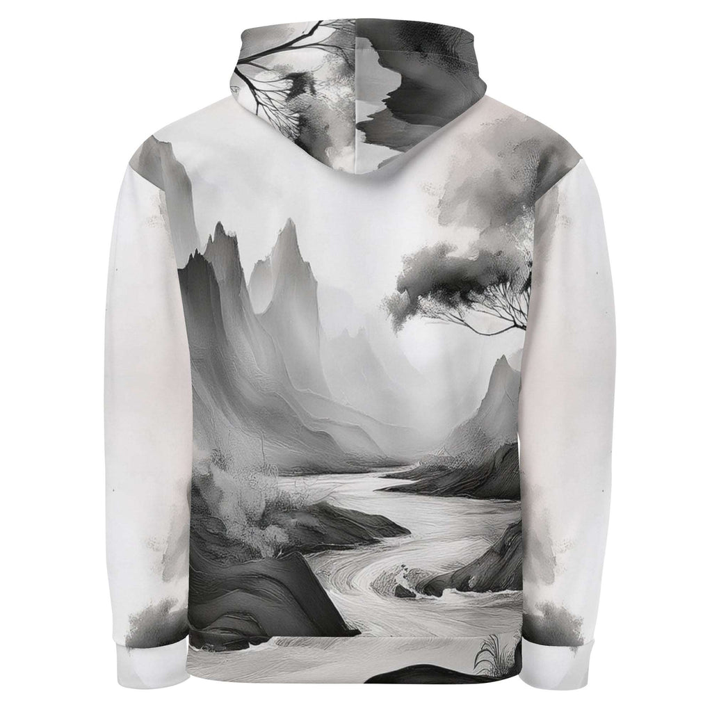 “Women’s Watercolour-Print-12 Muse Hoodie back in white with gray hand-painted landscape design, featuring abstract mountains and trees, kangaroo pocket, and adjustable drawstring hood.”