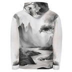 “Women’s Watercolour-Print-12 Muse Hoodie back in white with gray hand-painted landscape design, featuring abstract mountains and trees, kangaroo pocket, and adjustable drawstring hood.”