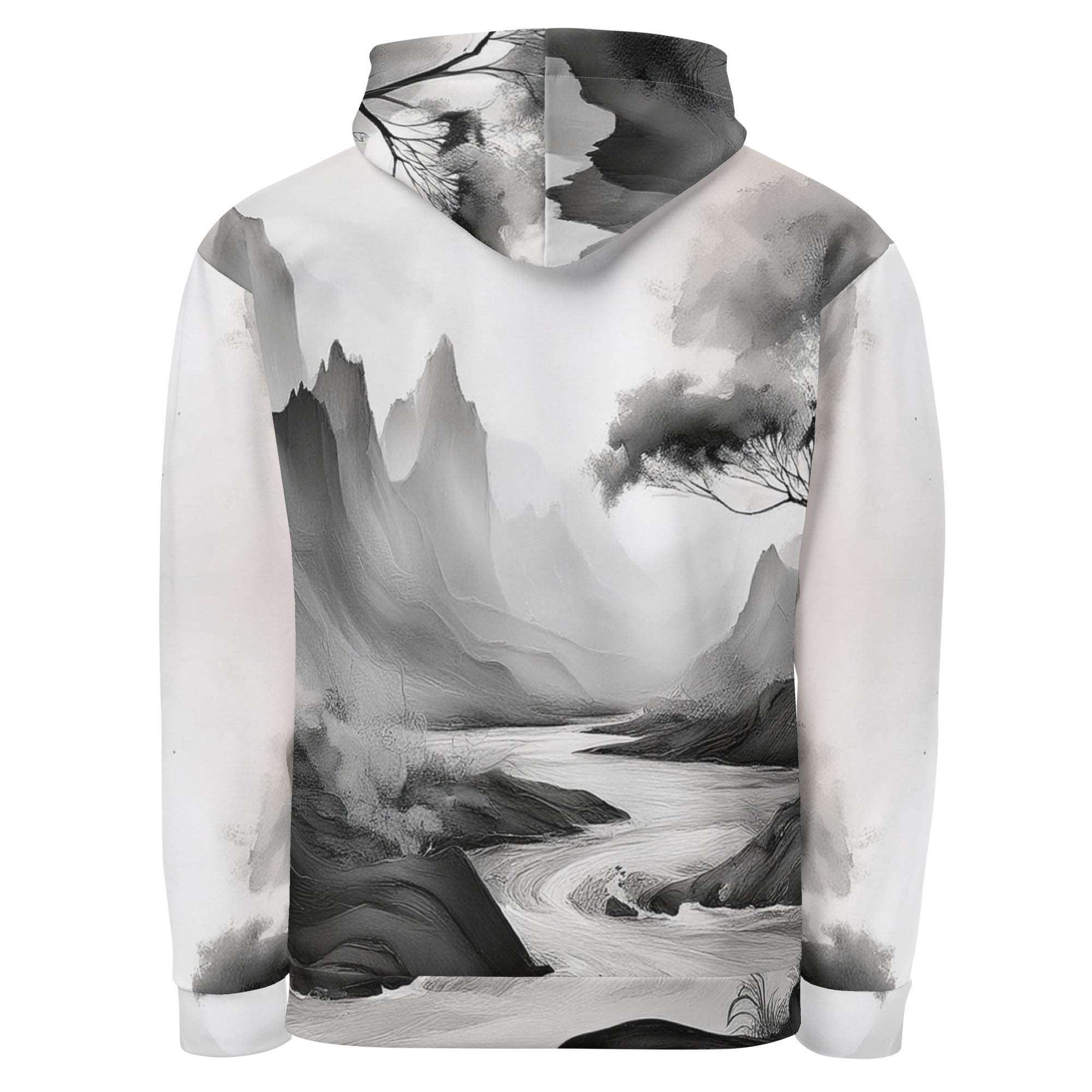 “Women’s Watercolour-Print-12 Muse Hoodie back in white with gray hand-painted landscape design, featuring abstract mountains and trees, kangaroo pocket, and adjustable drawstring hood.”