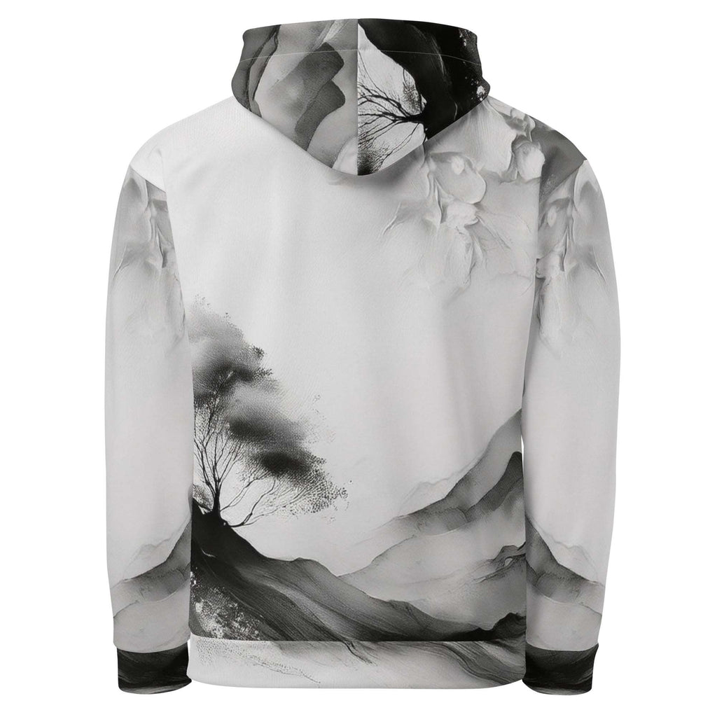 “Women’s Watercolour-Print-14 Muse Hoodie back in white with gray hand-painted landscape design, featuring abstract mountains and trees, kangaroo pocket, and adjustable drawstring hood.”