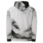 “Women’s Watercolour-Print-14 Muse Hoodie back in white with gray hand-painted landscape design, featuring abstract mountains and trees, kangaroo pocket, and adjustable drawstring hood.”