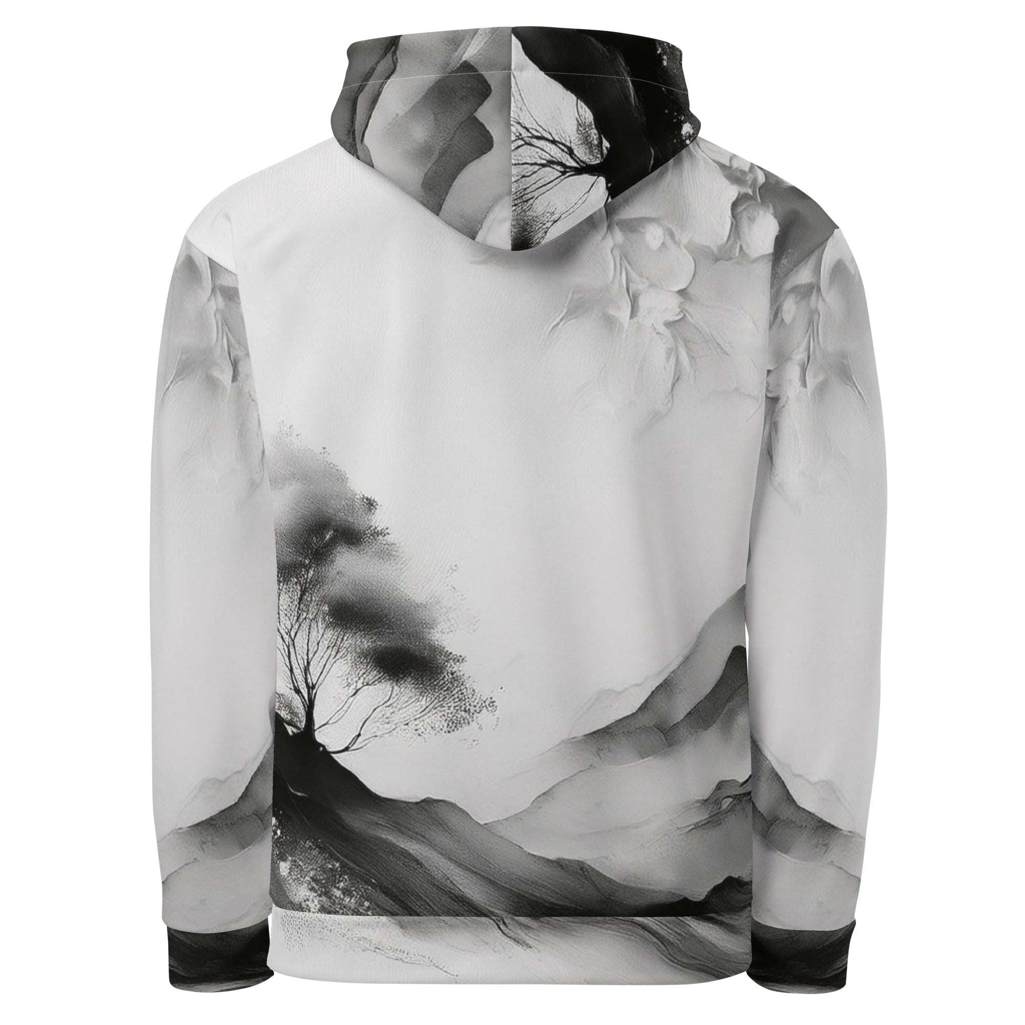 “Women’s Watercolour-Print-14 Muse Hoodie back in white with gray hand-painted landscape design, featuring abstract mountains and trees, kangaroo pocket, and adjustable drawstring hood.”