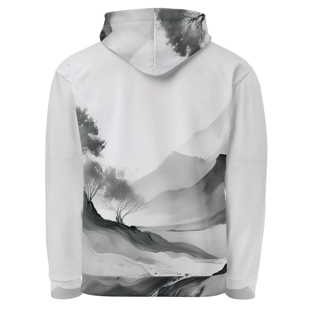 “Women’s Watercolour-Print-13 Muse Hoodie back in white with gray hand-painted landscape design, featuring abstract mountains and trees, kangaroo pocket, and adjustable drawstring hood.”
