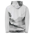 “Women’s Watercolour-Print-13 Muse Hoodie back in white with gray hand-painted landscape design, featuring abstract mountains and trees, kangaroo pocket, and adjustable drawstring hood.”