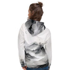 “Women’s Watercolour-Print-15 Muse Hoodie back model in white with gray hand-painted landscape design, featuring abstract mountains and trees, kangaroo pocket, and adjustable drawstring hood.”