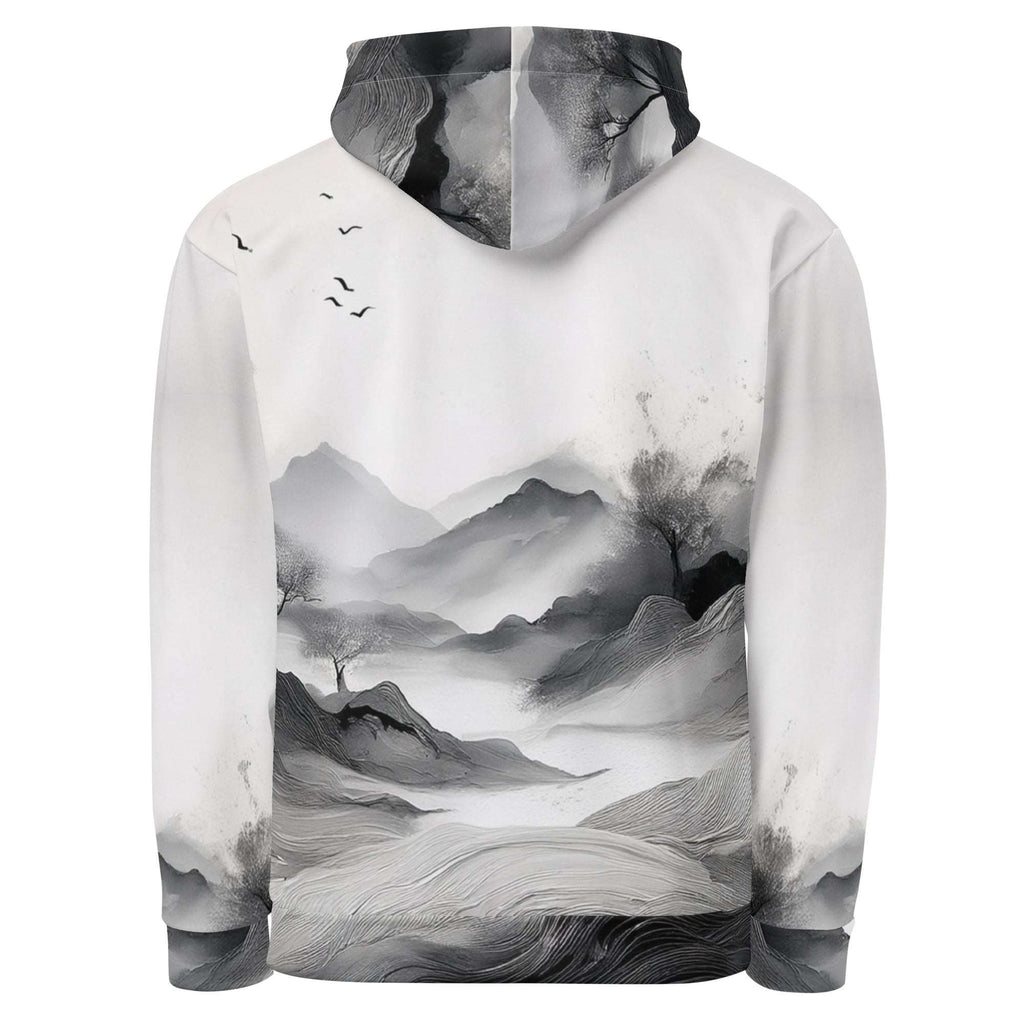 “Women’s Watercolour-Print-15 Muse Hoodie back in white with gray hand-painted landscape design, featuring abstract mountains and trees, kangaroo pocket, and adjustable drawstring hood.”