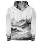 “Women’s Watercolour-Print-15 Muse Hoodie back in white with gray hand-painted landscape design, featuring abstract mountains and trees, kangaroo pocket, and adjustable drawstring hood.”