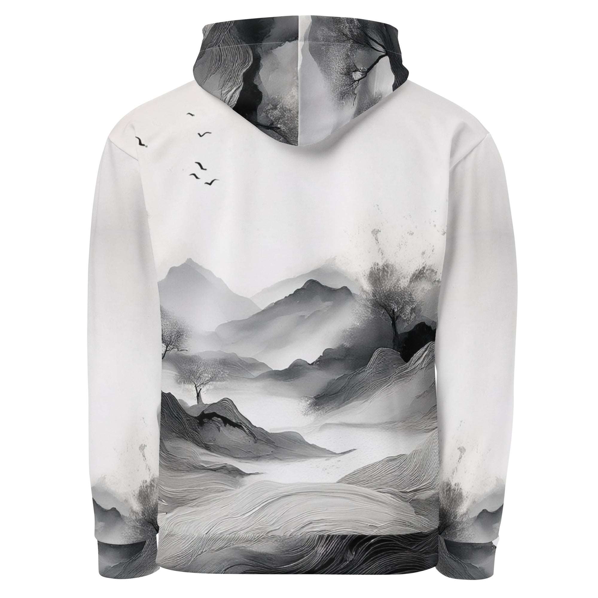 “Women’s Watercolour-Print-15 Muse Hoodie back in white with gray hand-painted landscape design, featuring abstract mountains and trees, kangaroo pocket, and adjustable drawstring hood.”