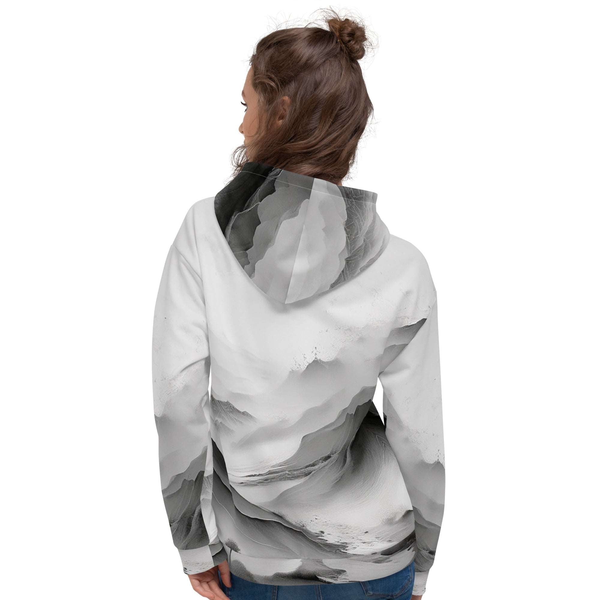“Women’s Watercolour-Print-16 Muse Hoodie back model in white with gray hand-painted landscape design, featuring abstract mountains and trees, kangaroo pocket, and adjustable drawstring hood.”
