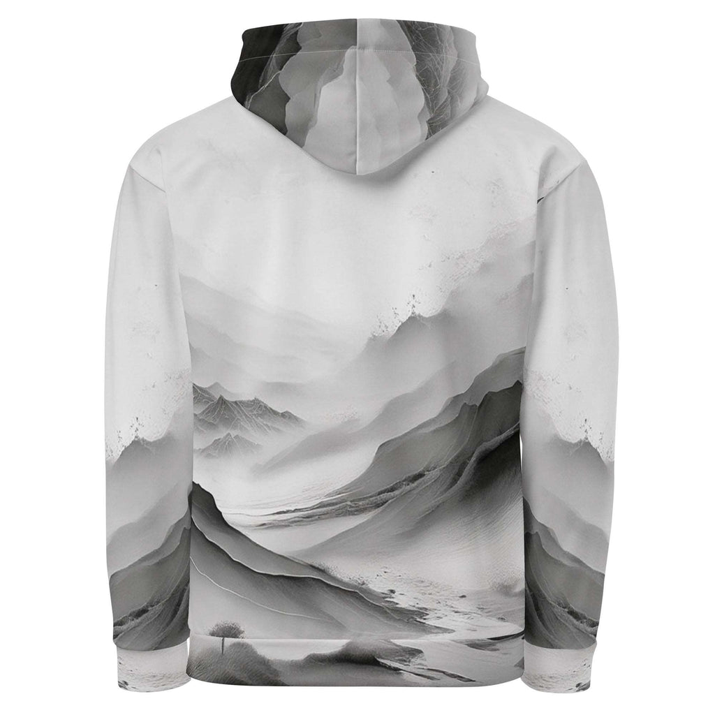 “Women’s Watercolour-Print-16 Muse Hoodie back in white with gray hand-painted landscape design, featuring abstract mountains and trees, kangaroo pocket, and adjustable drawstring hood.”