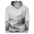 “Women’s Watercolour-Print-16 Muse Hoodie back in white with gray hand-painted landscape design, featuring abstract mountains and trees, kangaroo pocket, and adjustable drawstring hood.”