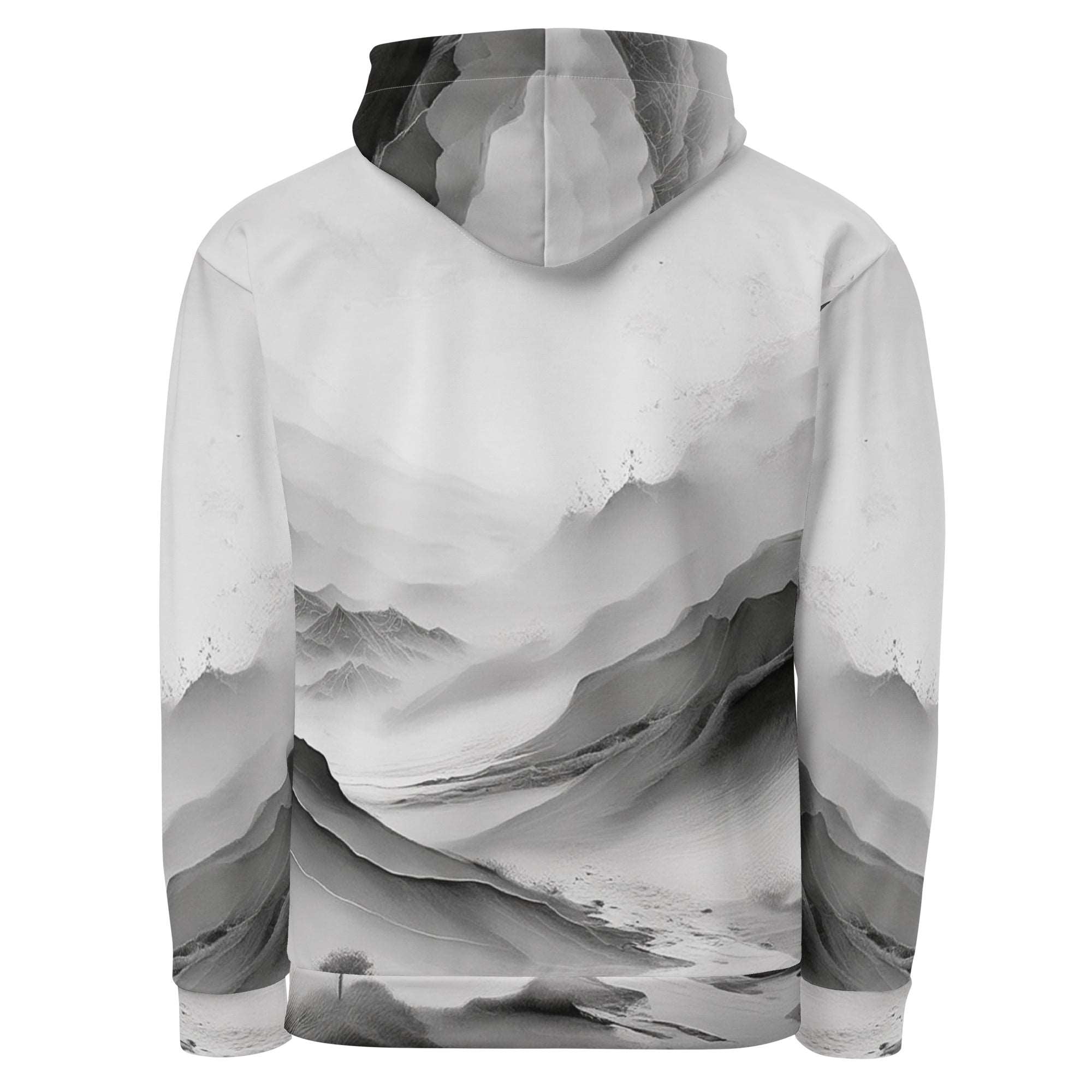 “Women’s Watercolour-Print-16 Muse Hoodie back in white with gray hand-painted landscape design, featuring abstract mountains and trees, kangaroo pocket, and adjustable drawstring hood.”