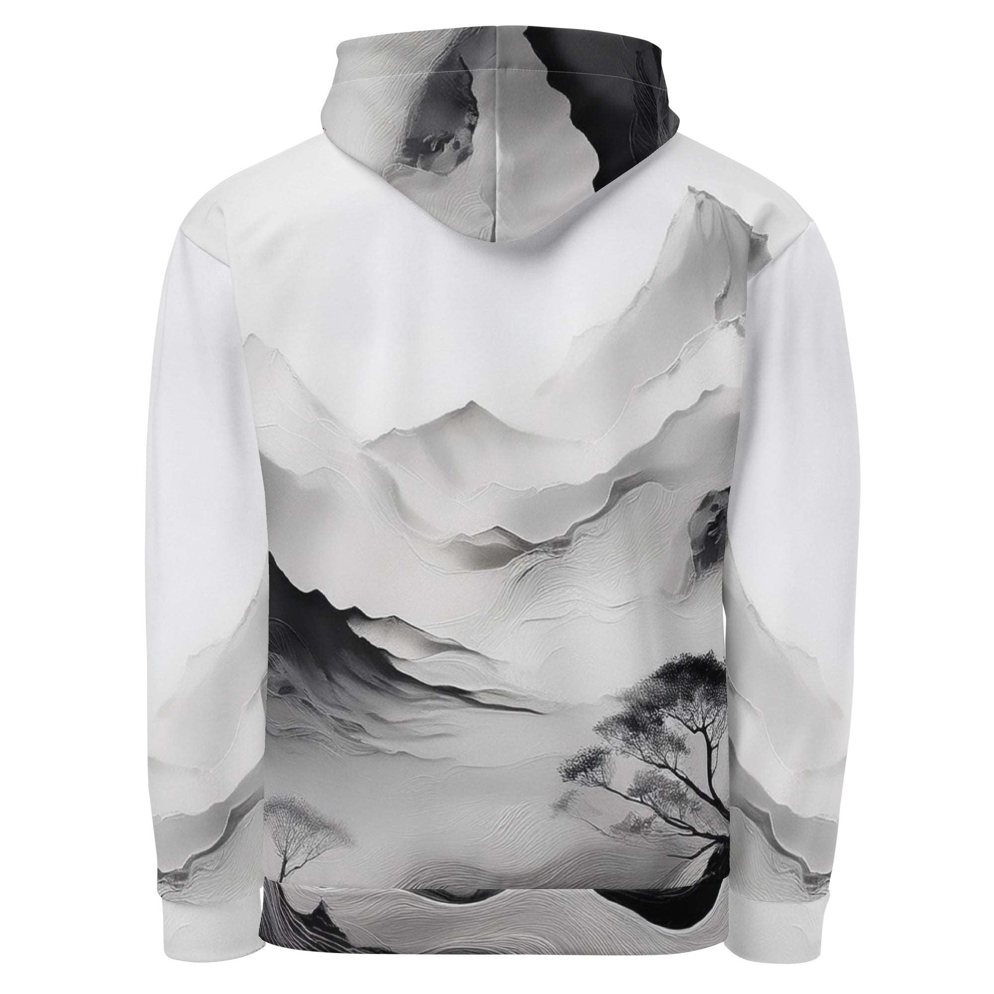 “Women’s Watercolour-Print-17 Muse Hoodie back in white with gray hand-painted landscape design, featuring abstract mountains and trees, kangaroo pocket, and adjustable drawstring hood.”