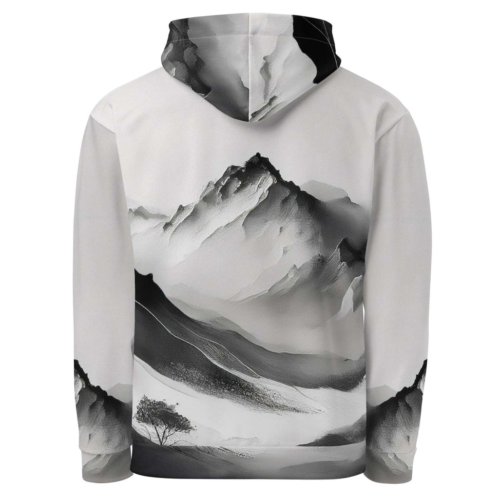 “Women’s Watercolour-Print-18 Muse Hoodie back in white with gray hand-painted landscape design, featuring abstract mountains and trees, kangaroo pocket, and adjustable drawstring hood.”