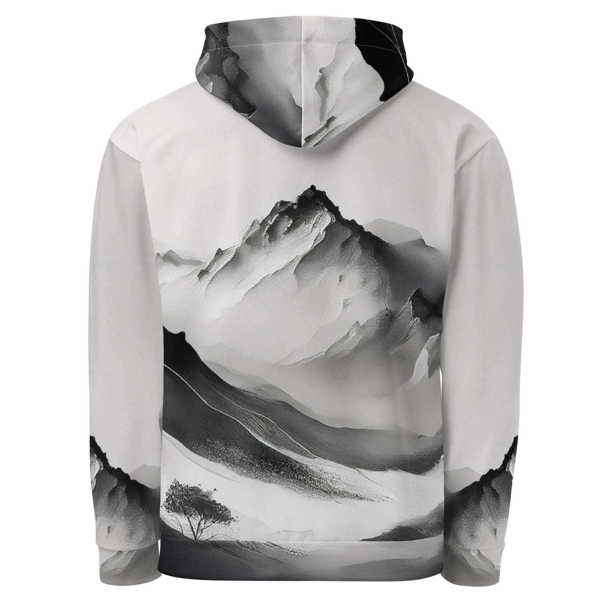 “Women’s Watercolour-Print-18 Muse Hoodie back in white with gray hand-painted landscape design, featuring abstract mountains and trees, kangaroo pocket, and adjustable drawstring hood.”