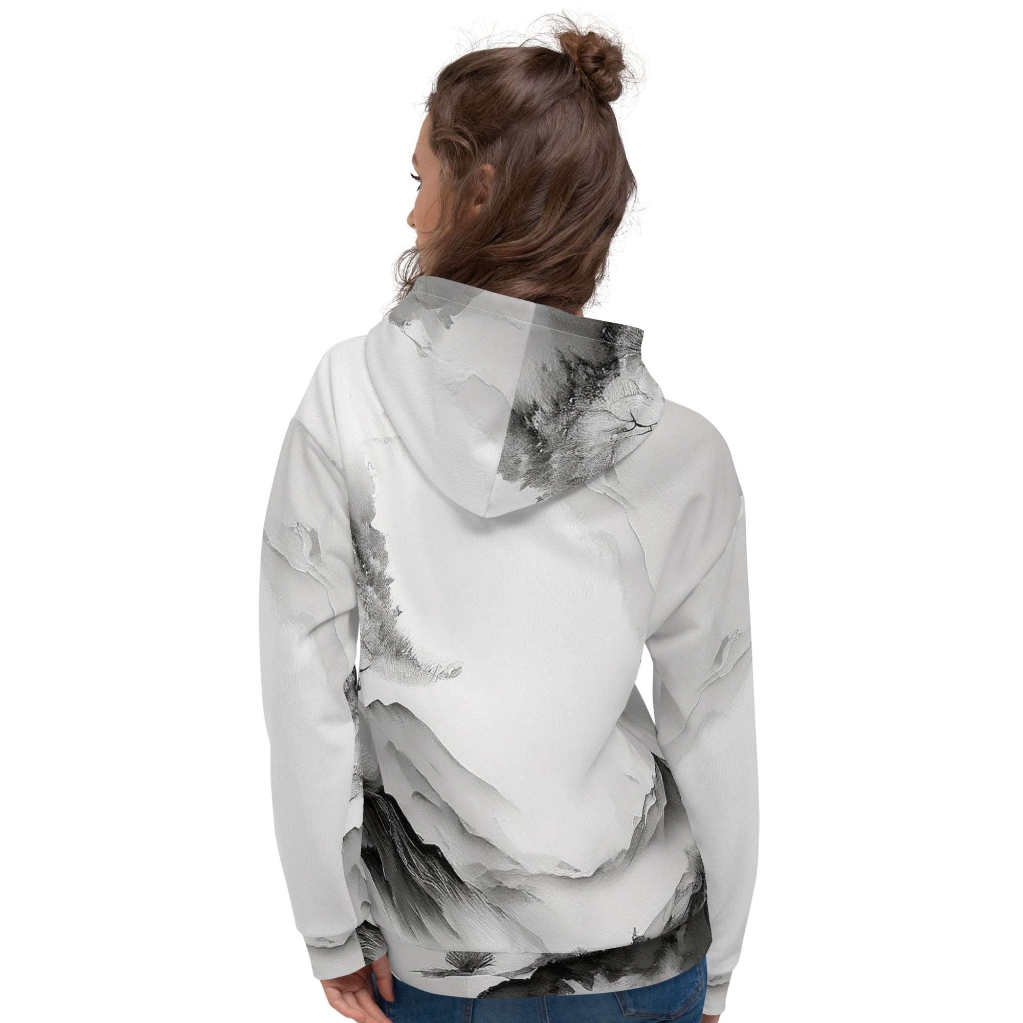 “Women’s Watercolour-Print-19 Muse Hoodie back model in white with gray hand-painted landscape design, featuring abstract mountains and trees, kangaroo pocket, and adjustable drawstring hood.”