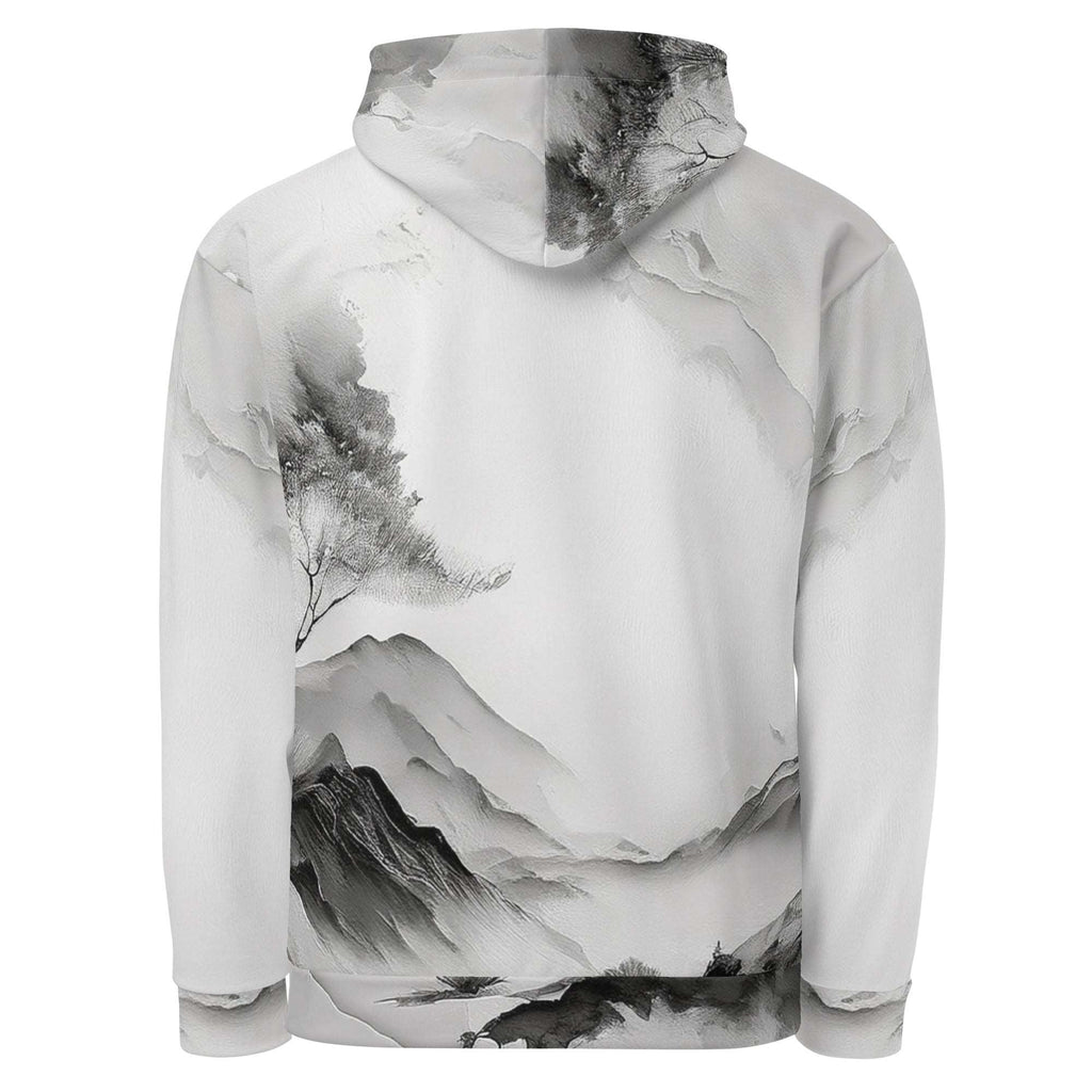 “Women’s Watercolour-Print-19 Muse Hoodie back in white with gray hand-painted landscape design, featuring abstract mountains and trees, kangaroo pocket, and adjustable drawstring hood.”